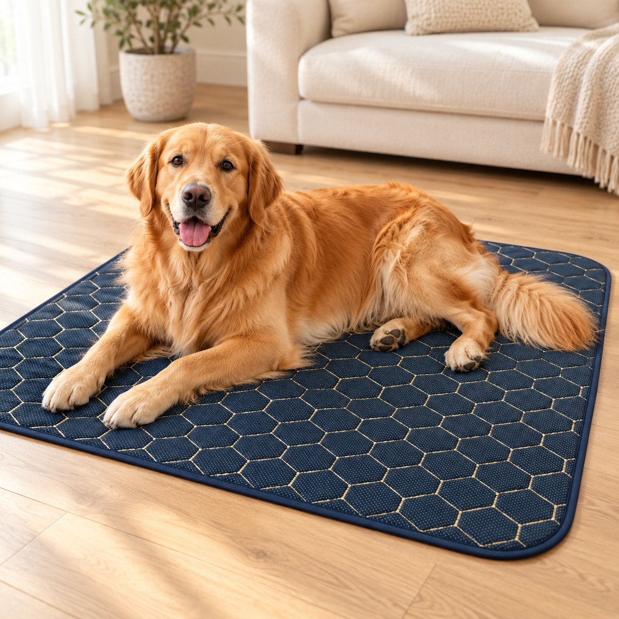 Cena ilustrativa: um cão golden retriever de grande porte deitado em um protetor azul amplo com desenho hexagonal