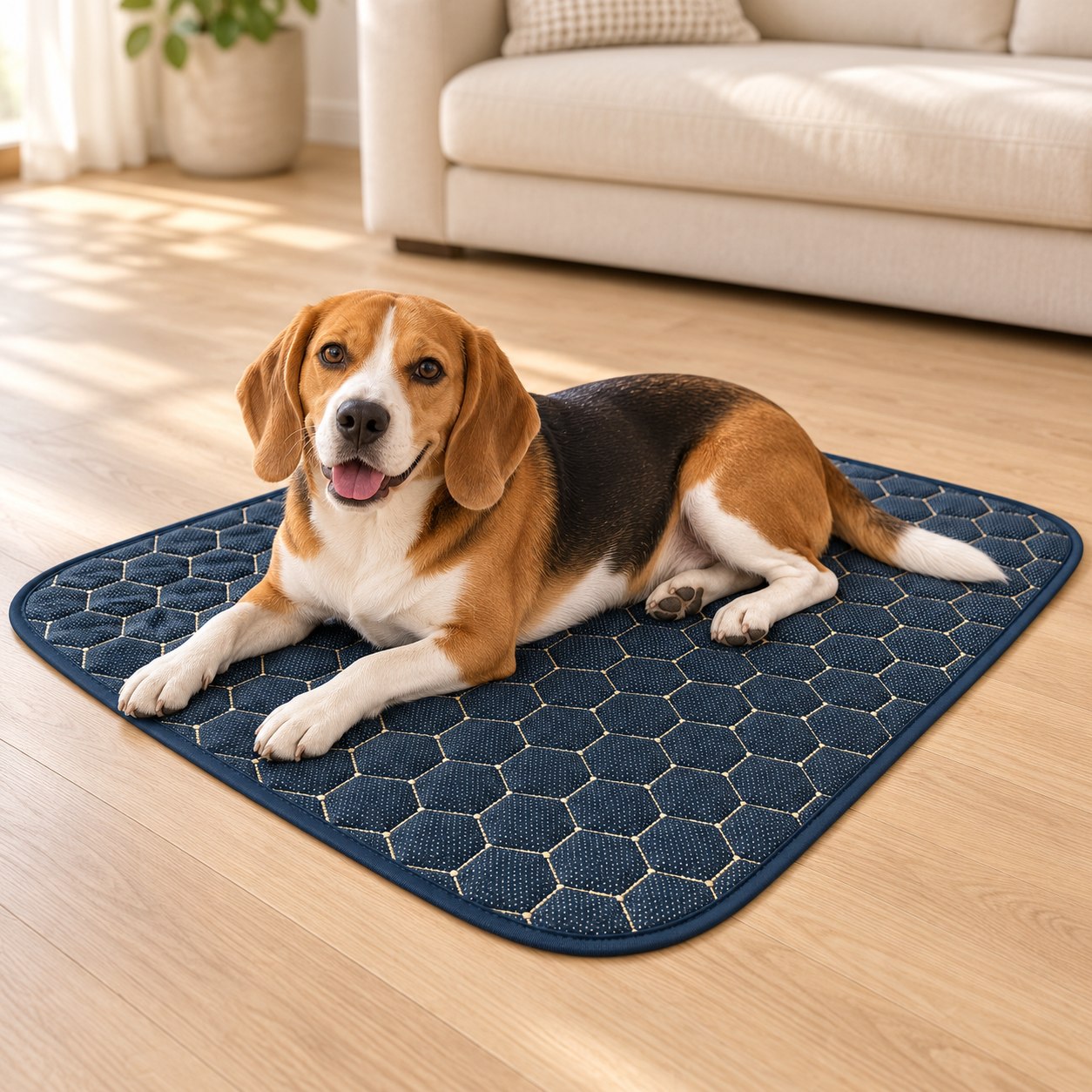 Cena ilustrativa: um cão beagle de porte médio deitado no protetor azul com desenho hexagonal
